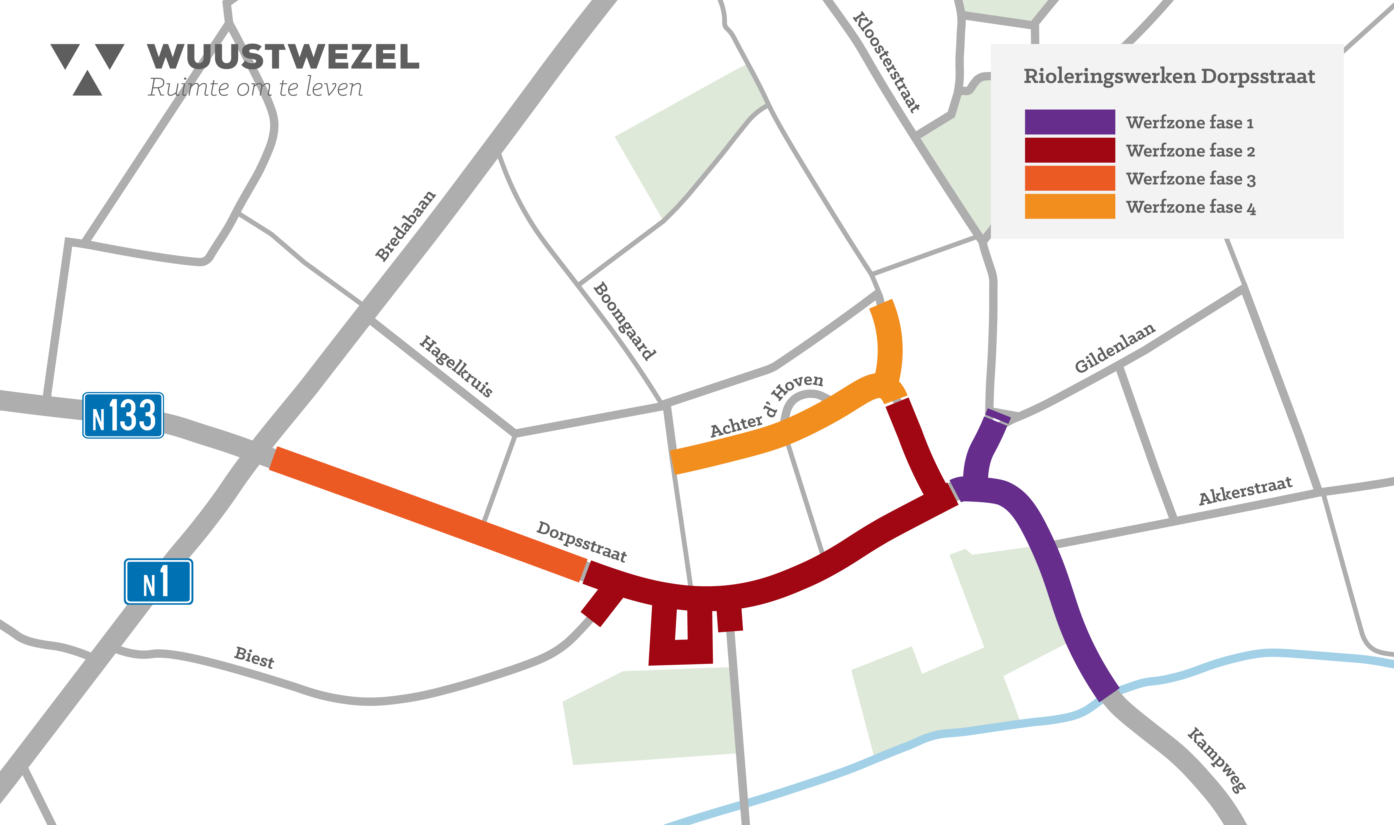 plannetje van het centrum van Wuustwezel met de vier fases van de rioleringswerken op aangeduid