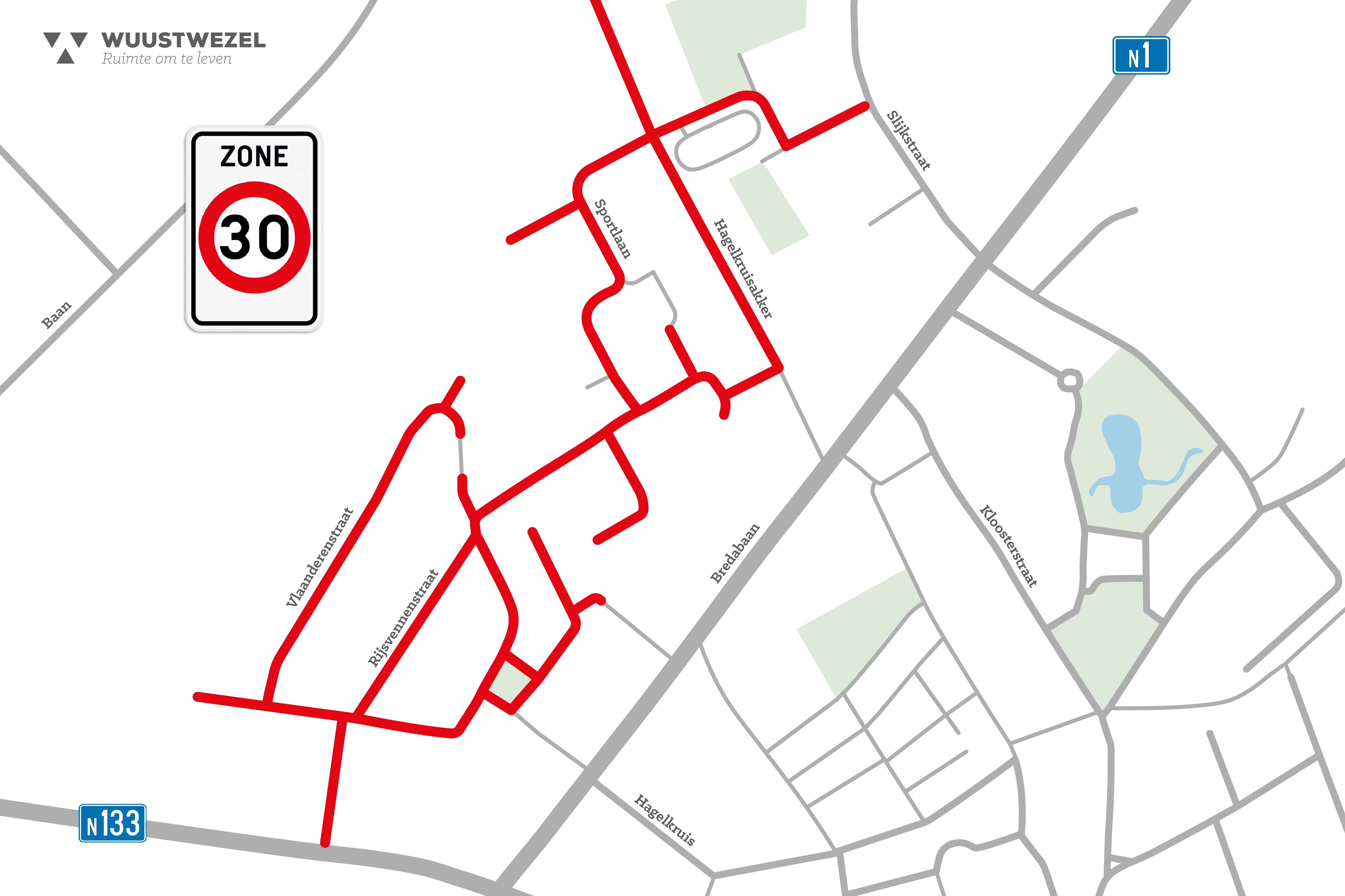 kaartje met de straten die zone 30 zijn geworden in de wijk Rijsvennen