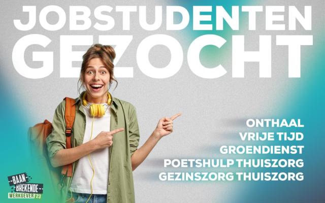 affiche 'jobstudenten gezocht' met een studente die naar de vacatures wijst