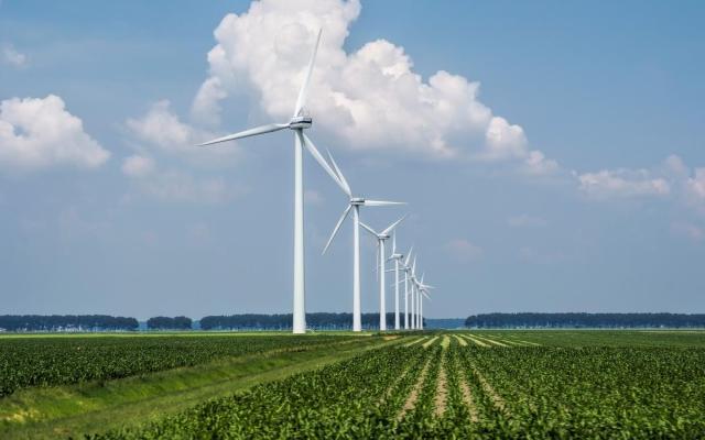 een rij windmolens in de velden