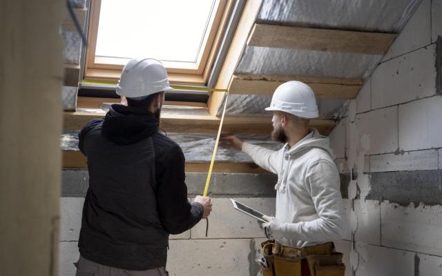 twee mannen met witte helm onder een Velux-raam tijdens een renovatie
