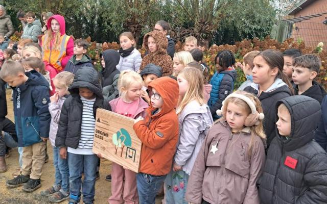 Leerlingen nemen de erkenning als Groene oase in ontvangst