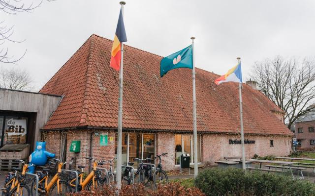 de vlag van het Berrefonds, blauw met een roze hartje, wappert aan de bibliotheek van Wuustwezel