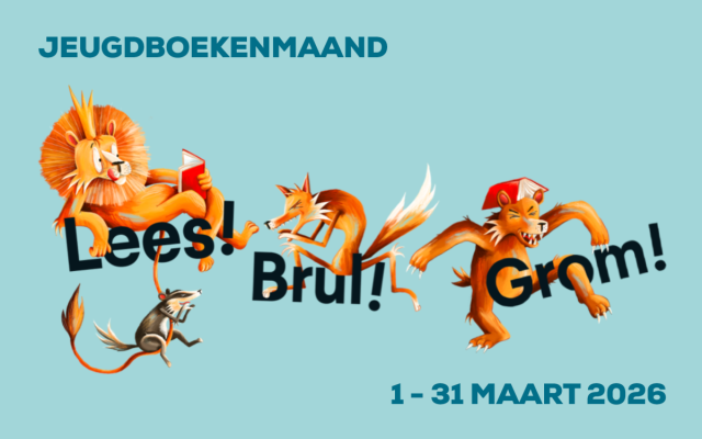 De tekst 'Lees! Brul! Grom!' en enkele dieren op een blauwe achtergrond