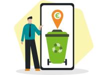 Tekening van een groene afvalcontainer met euroteken op een mobiele telefoon