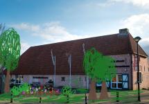 De bibliotheek van Wuustwezel met getekende bomen en platen voor de gevel