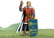 De Rode Ridder met een schild met opschrift 'Welkom in Wuustwezel'
