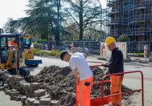 Werken in de Dorpsstraat ter hoogte van de kerk van Wuustwezel