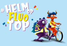 cartoon van twee monstertjes met fluohesjes en fietshelmen