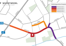 plattegrond van het centrum van Wuustwezel met daarop de vier fases van de rioleringswerken aangeduid