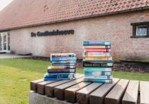 Een stapel boeken op een bankje voor de bibliotheek van Wuustwezel