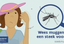 tekening van een tijgermug met de tekst 'Wees muggen een steek voor'